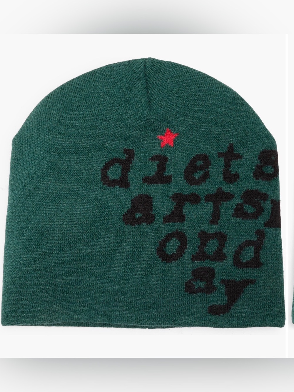 Men’s Green Knit Beanie with Black Script and Red Star